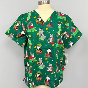 NWT Buttersoft Christmas Cat Scrub Top Merry Catmas Green Cats Kitty Scrubs
